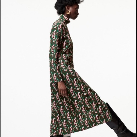 ZARA Floral Green Multicolor Print Front Slit Long Sleeves Midi Dress Sz L - Picture 3 of 16